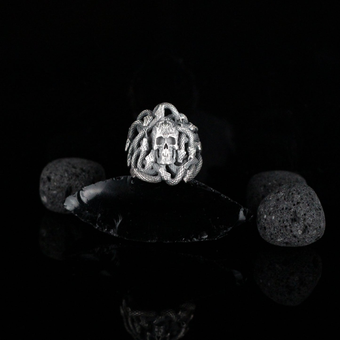 Skull with Snake Silver Ring