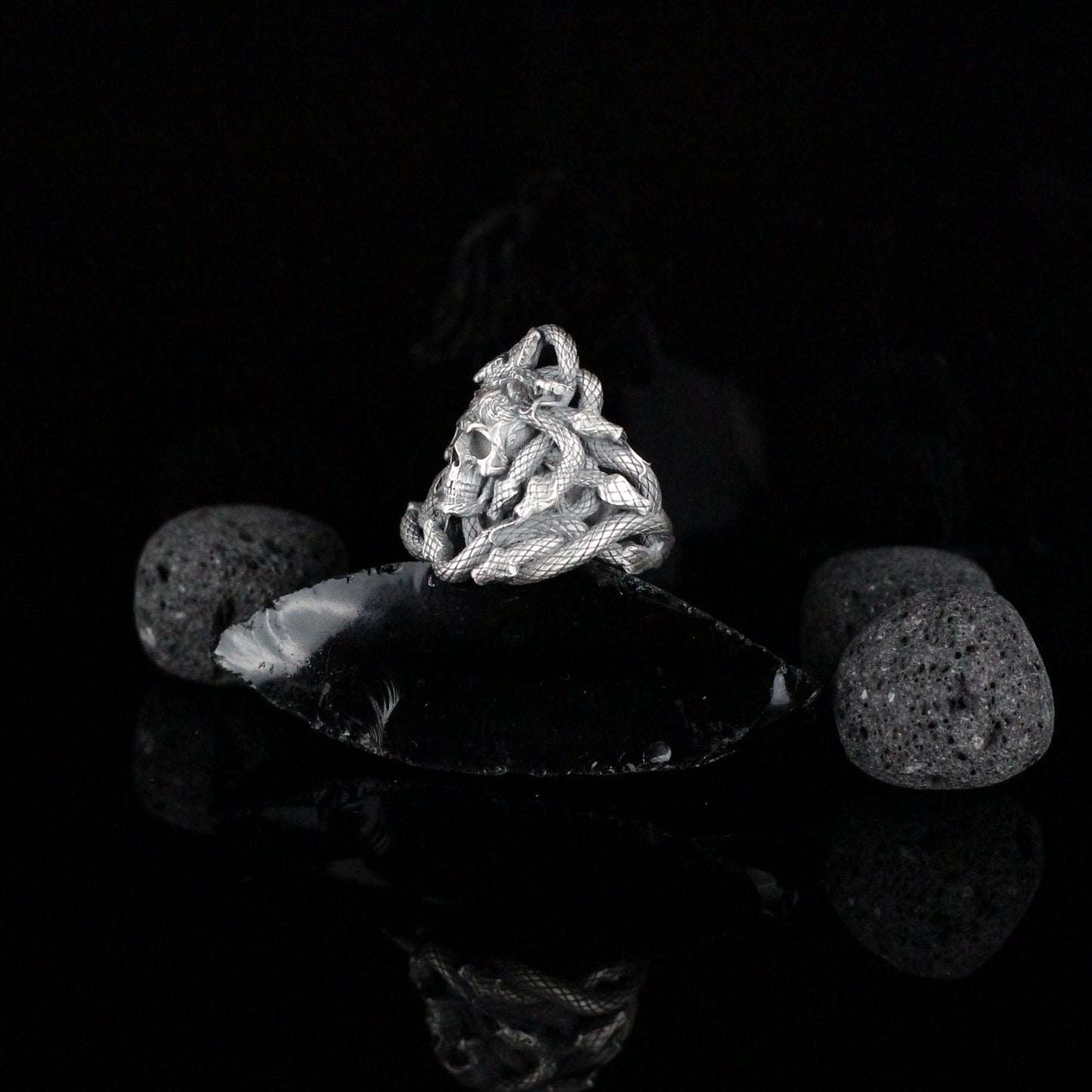 Skull with Snake Silver Ring