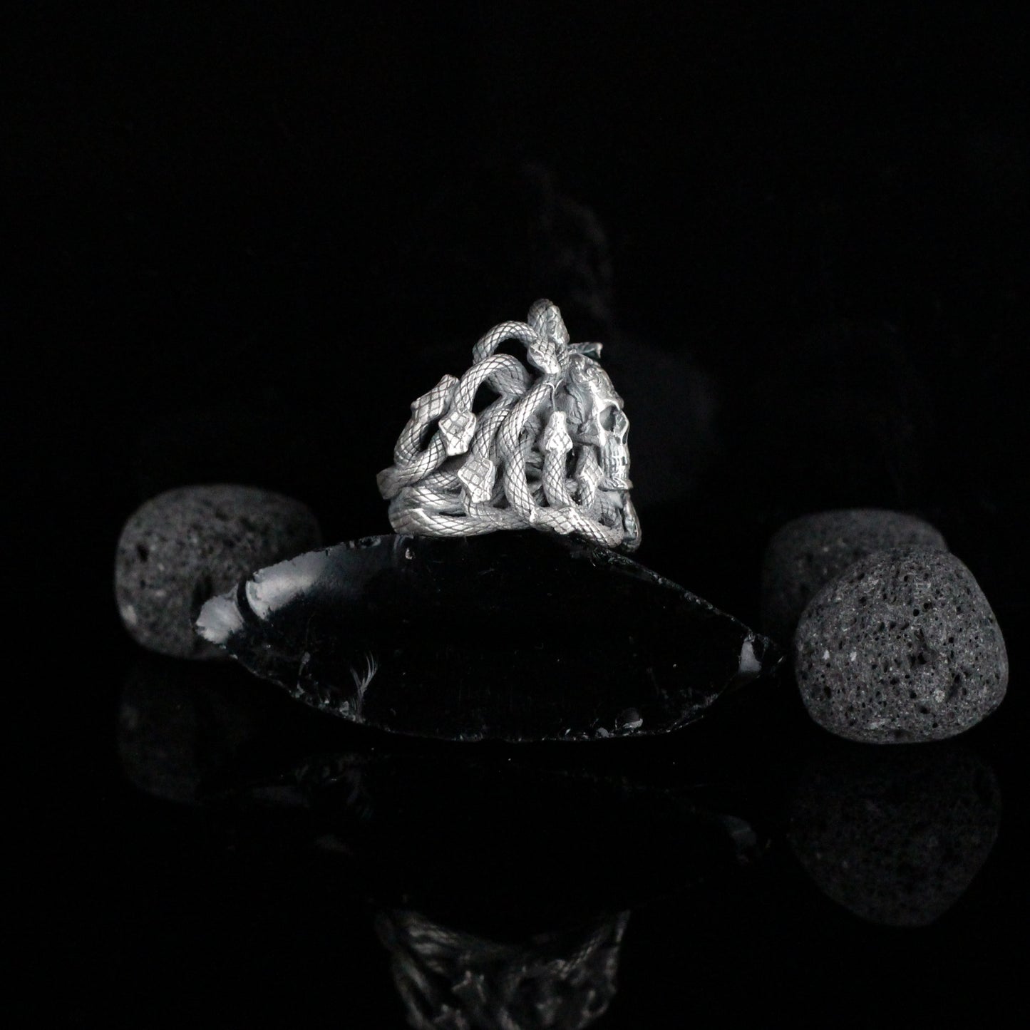 Skull with Snake Silver Ring