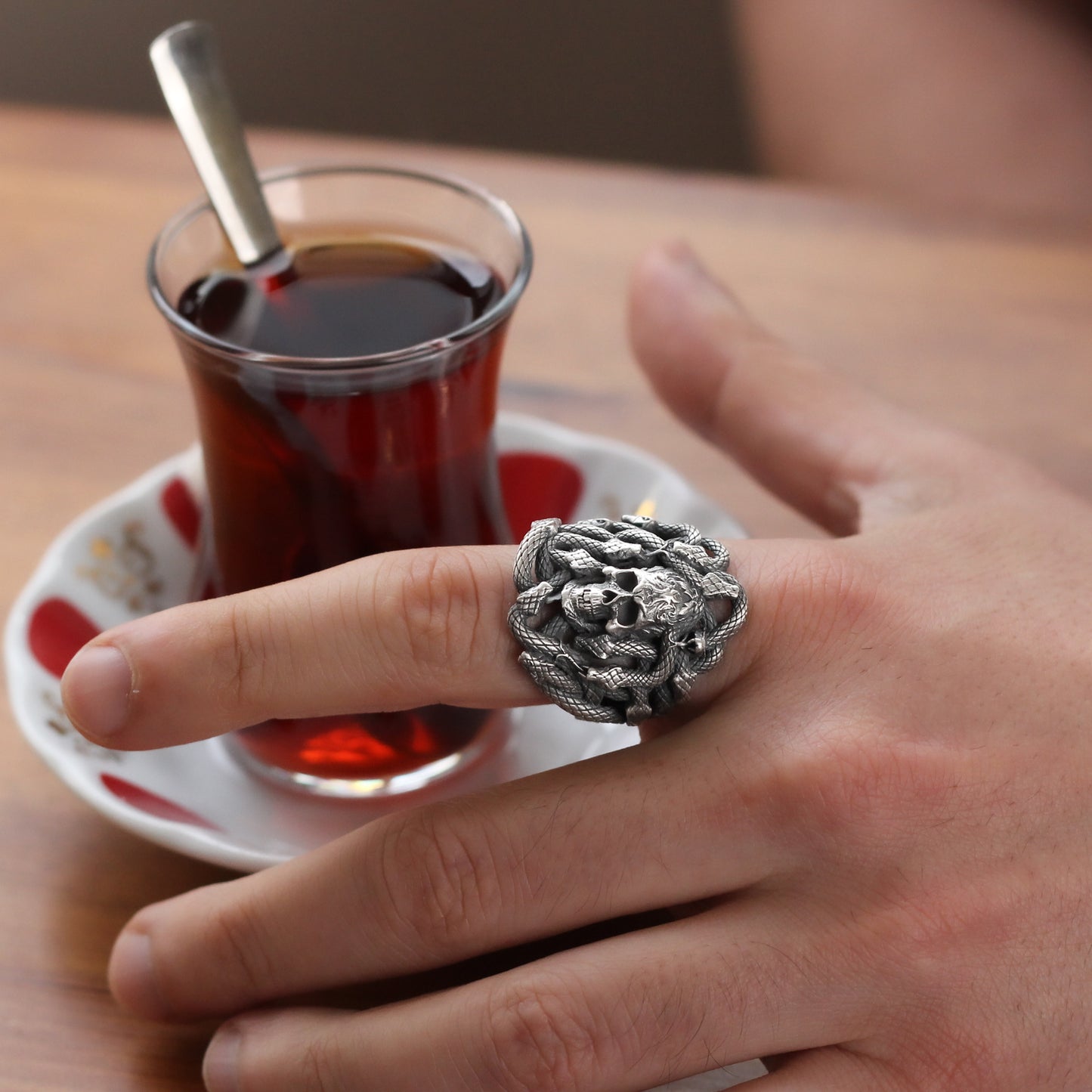 Skull with Snake Silver Ring